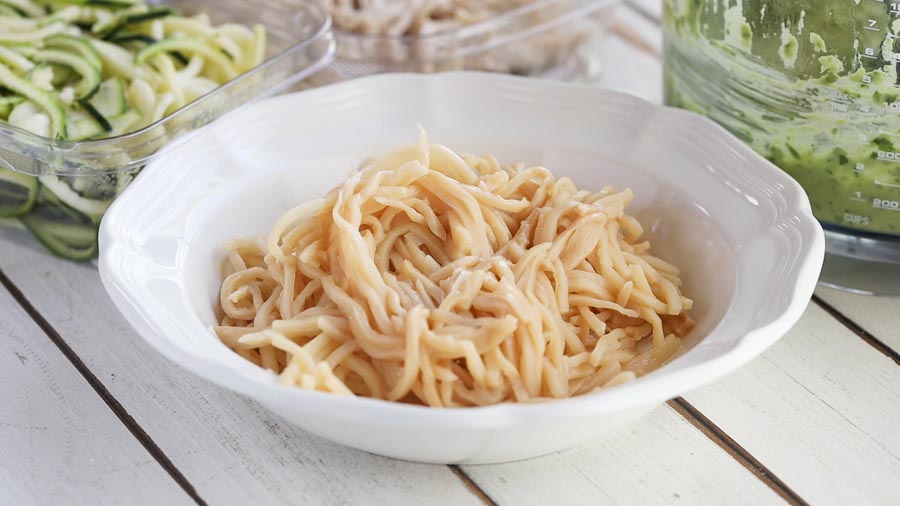 hearts of palm noodles in a white bowl