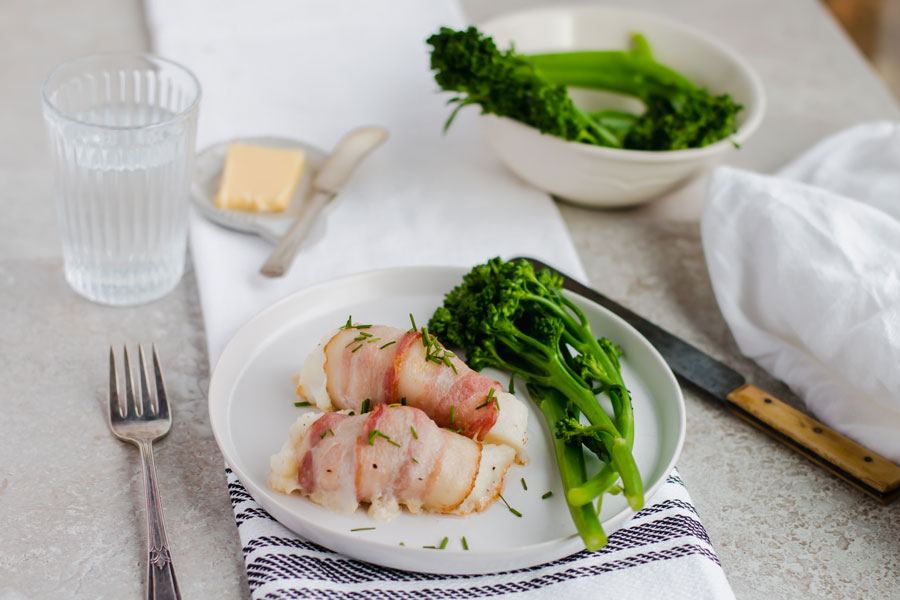 dinner with low carb bacon wrapped cod