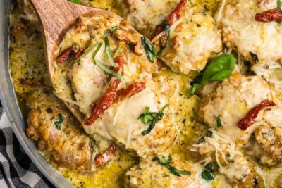 A slice of pesto chicken on a wooden spoon topped with basil and sun-dried tomatoes.