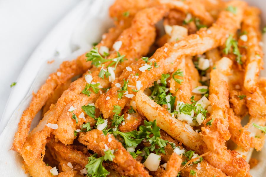 close up of crispy battered keto jicama fries