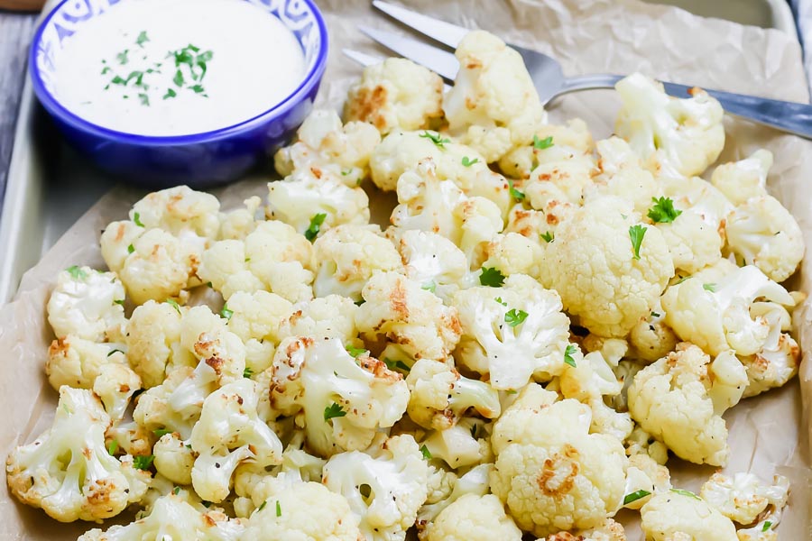 a spread of air fryer keto cauliflower with ranch