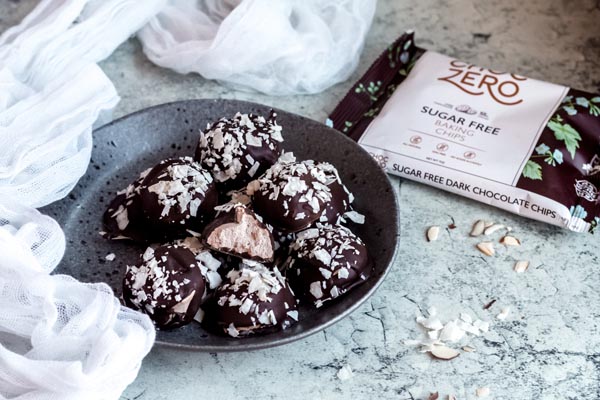 keto almond joy candied truffles on a plate