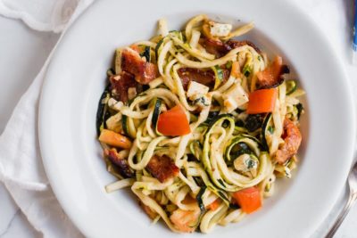 overhead view of bacon and blue cheese zoodles