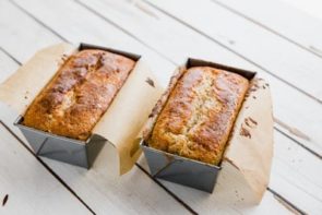 baked keto banana nut bread in loaf pans