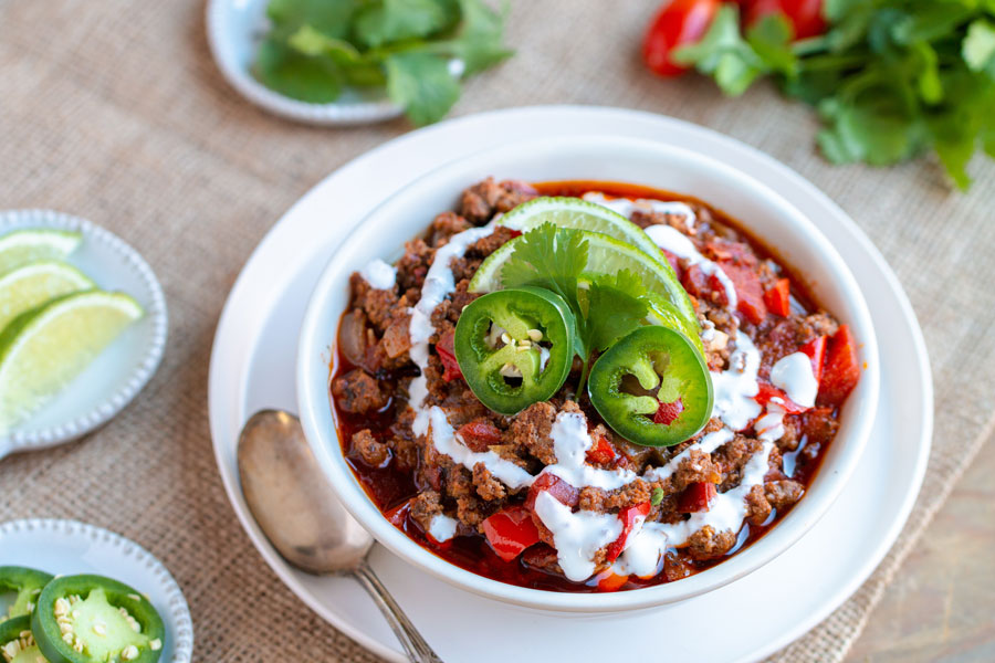 bowl of keto chili cooked in an instant pot