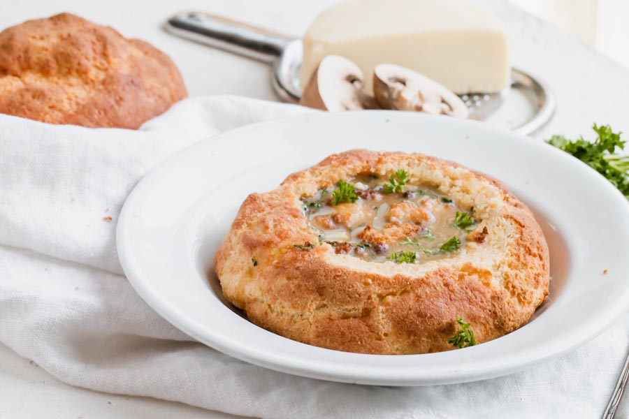 soup inside a keto bread bowl