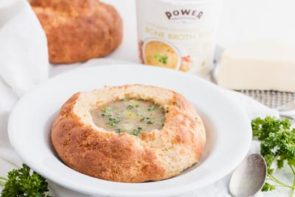 keto soup inside a bread bowl