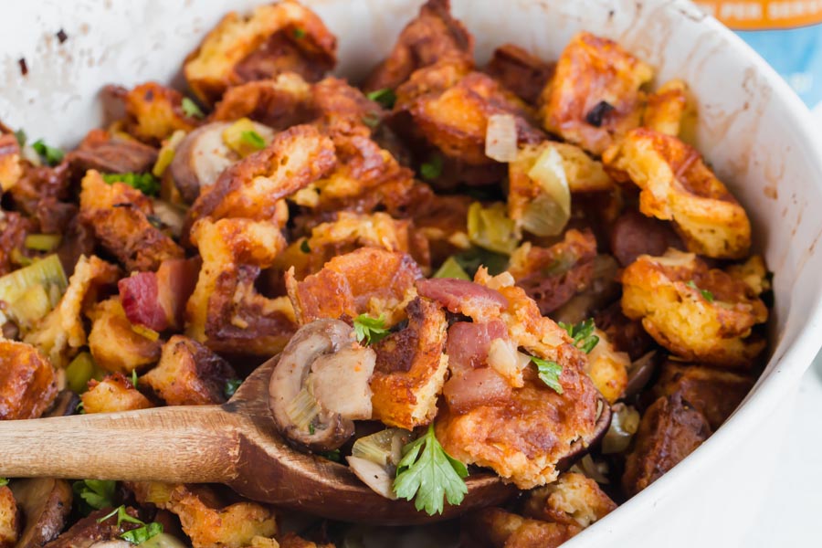 low carb chaffle stuffing on the thanksgiving table