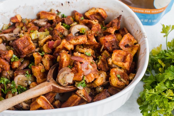 chaffle stuffing in a casserole dish with a spoon