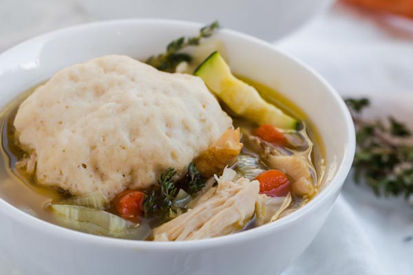 keto dumpling sitting in chicken broth