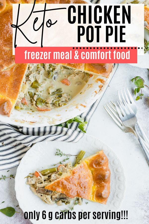 a slice of chicken pot pie next to forks and the casserole dish