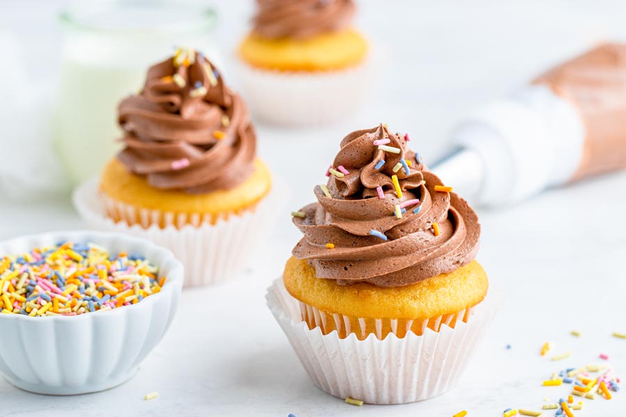 newly decorated cupcake with chocolate frosting