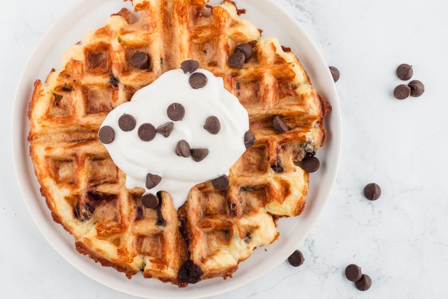 overhead view of a big keto chocolate chip waffle