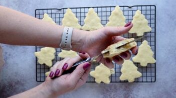 Hands using a serrated knife to slice a tree cake in half.