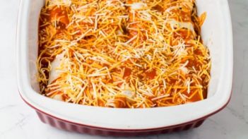 keto enchiladas in a casserole dish