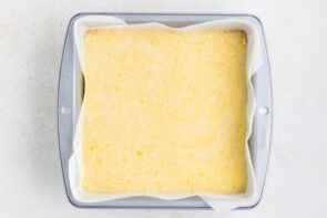 A baking dish with unbaked lemon curd.