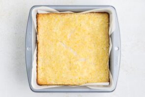 Bake lemon bars in a square baking dish.