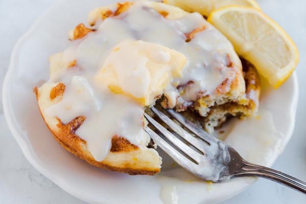 fork cutting into lemon chaffle