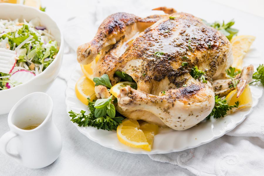 close up view of crispy skin on a chicken