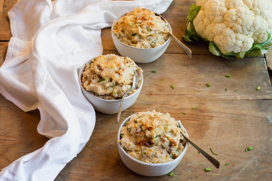 three bowls of loaded mashed cauliflower