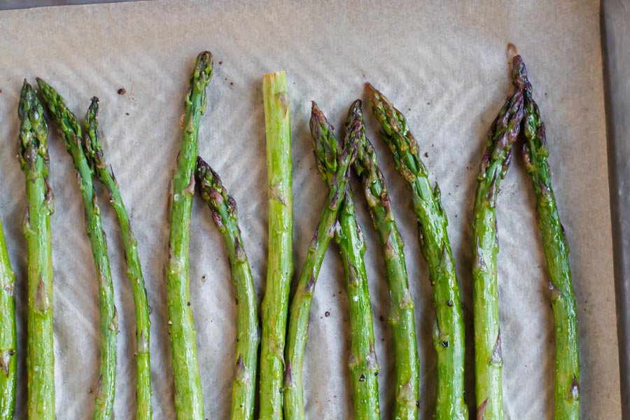 baked asparagus on a tray