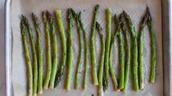 roasted asparagus on a tray