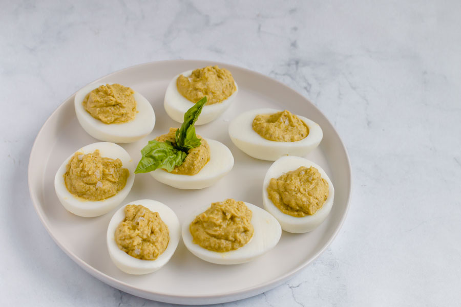 pesto deviled eggs for keto potluck