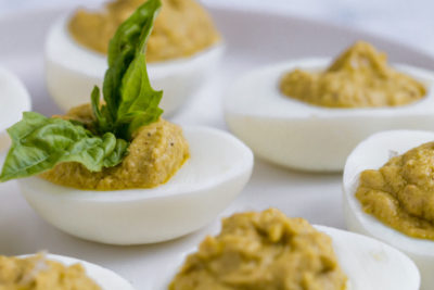 keto pesto deviled eggs closeup