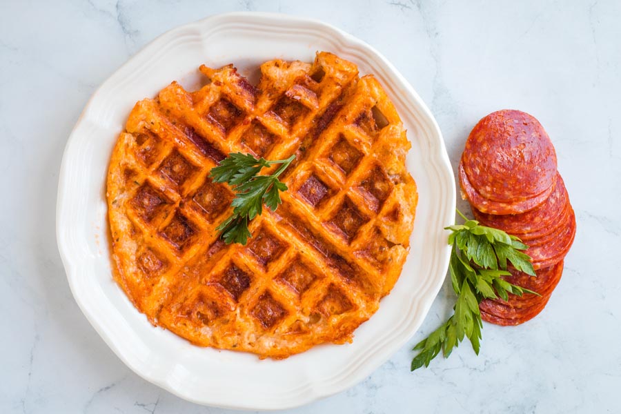 overhead shot pizza chaffle with pepperoni