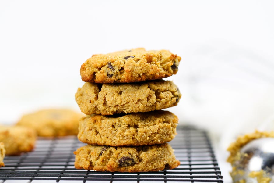 keto pumpkin cookies stacked up on wire rack