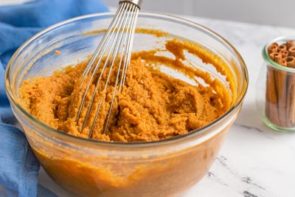 keto pumpkin muffin mixture in a glass bowl