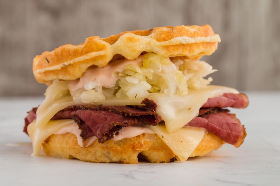 reuben chaffle sandwich on the counter