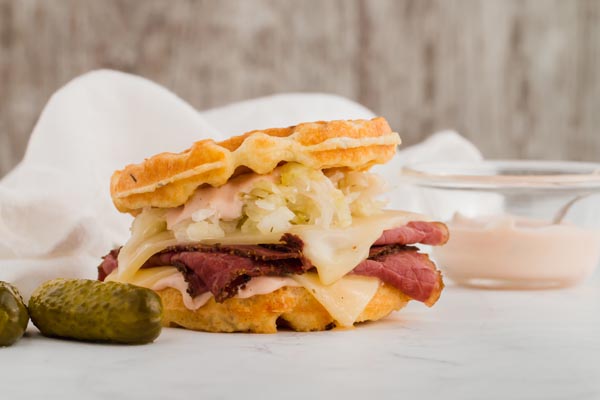 chaffle reuben sandwich with pickles