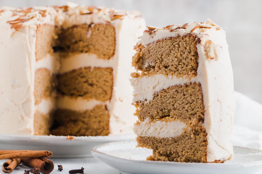 a slice of spice cake cut from the cake