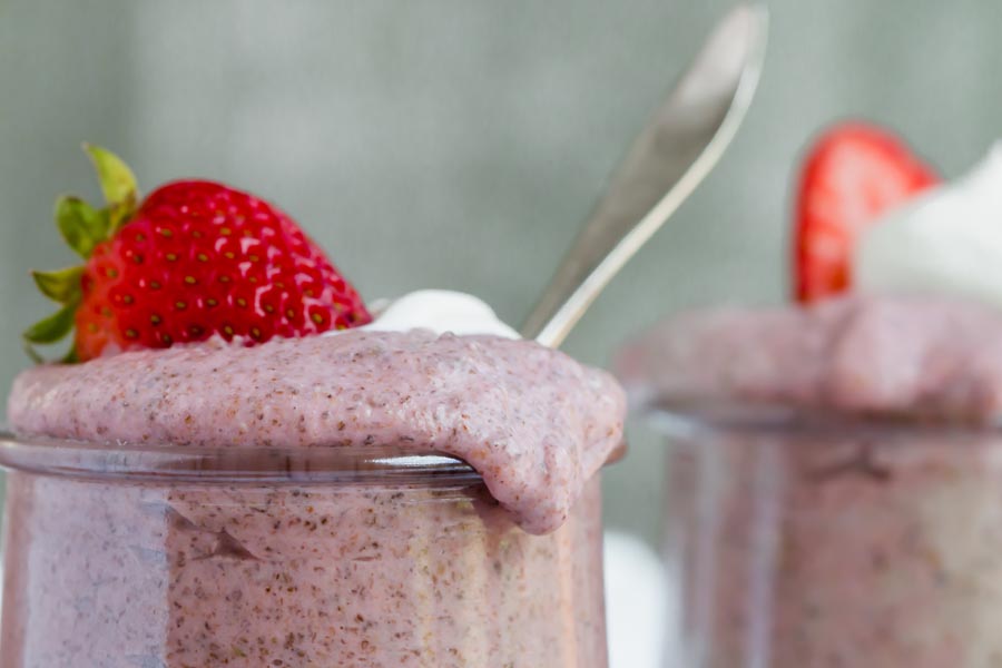 close up of creamy keto strawberry chia pudding