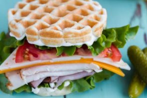 Completed Keto "Wonderbread" Chaffle sandwich with ham and turkey