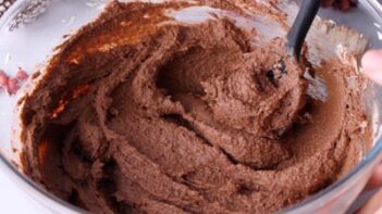 Chocolate cake batter in a bowl.