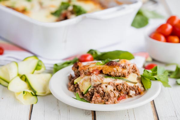 a plate with beefy lasagna and sheets of zucchini