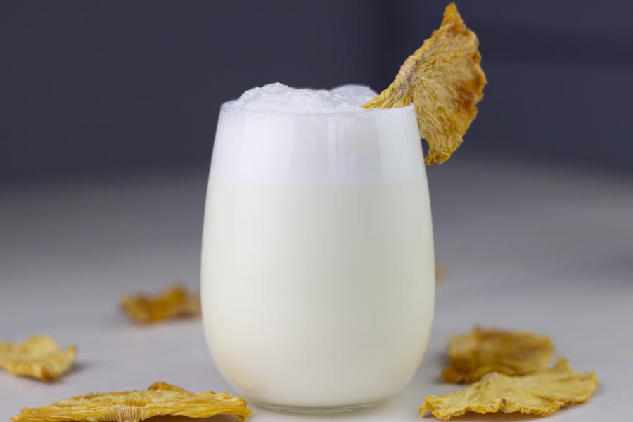 foamy pina colada smoothie with dried pineapple slices around