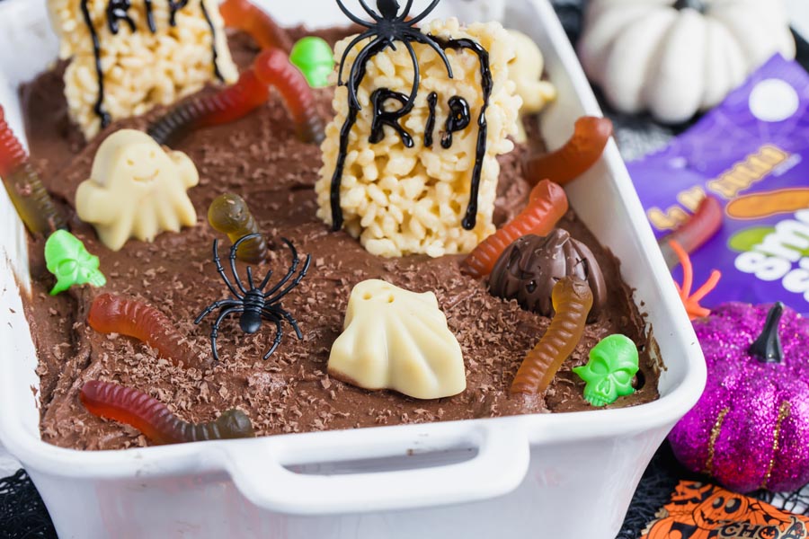 rice cripsy tombstones on a halloween cake